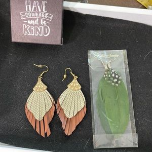 3/$12 2 pair statement feather dangly pierced earrings